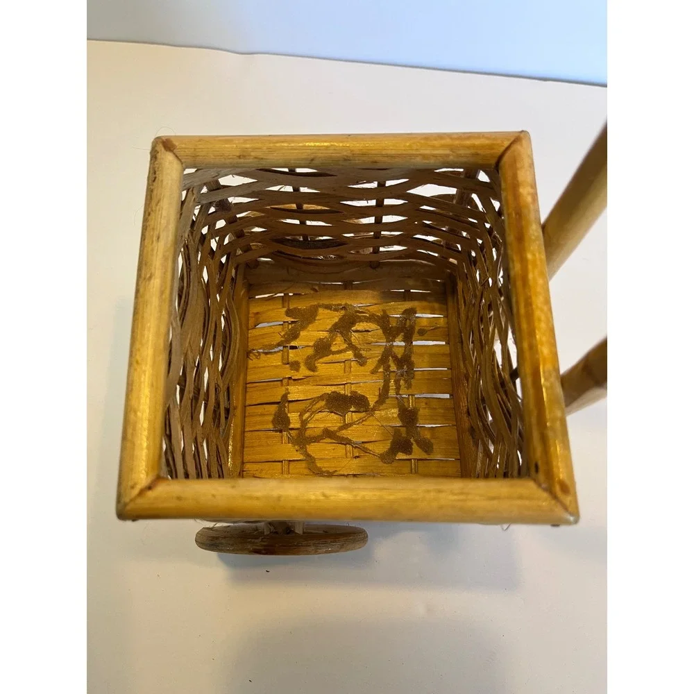 Vintage Wicker Bamboo Mini Push Cart Basket Decorative Planter Rolling Wheels